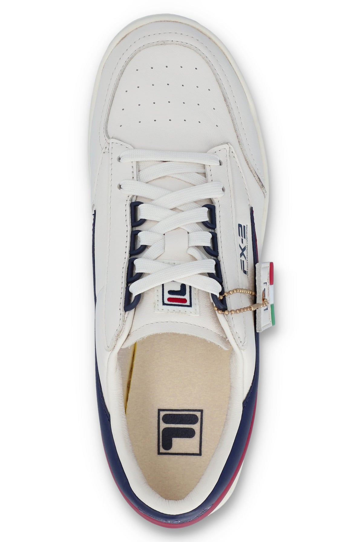 A pair of FILA FX 2 CASA TRAINER sneakers with white uppers, red, blue, and white laces, and red and navy blue detailing.