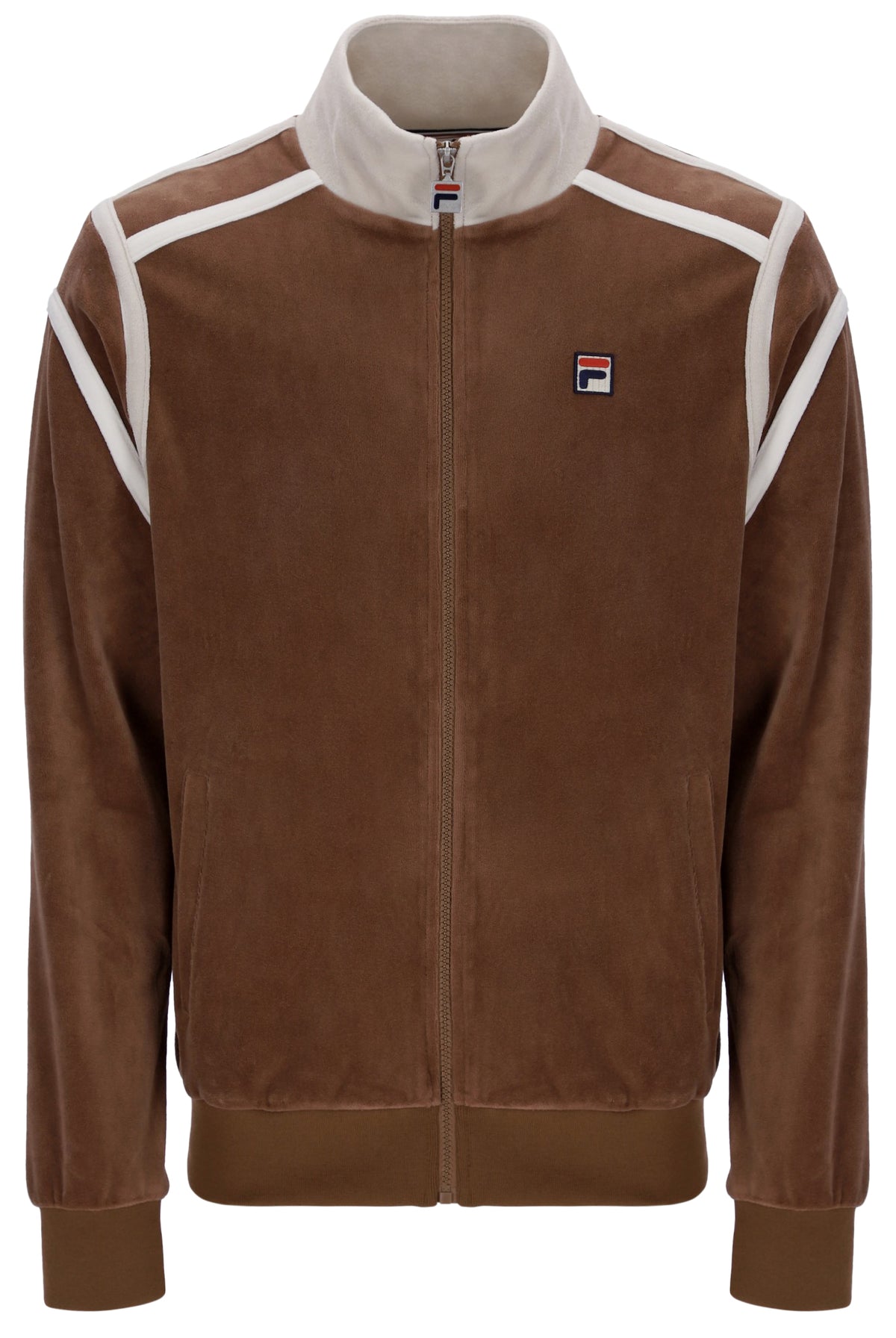 Brown jacket with white accents and a logo on a white background