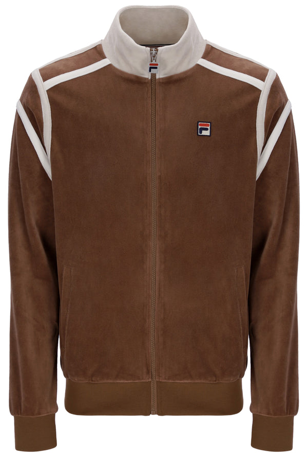 Brown jacket with white accents and a logo on a white background