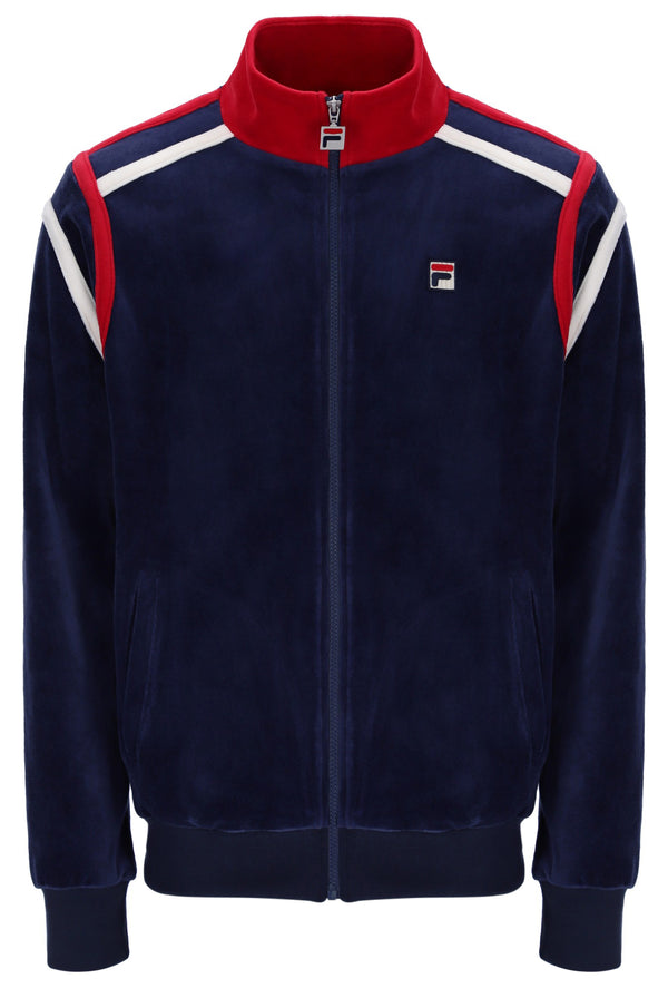Navy tracksuit jacket with red and white accents, with a small FILA logo on the chest, against a white background