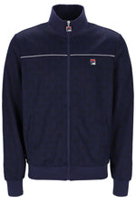 Navy blue jacket with a brand logo on a white background