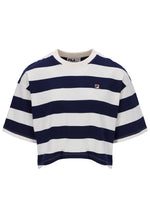 Navy and white striped t-shirt with Fila logo on a white background