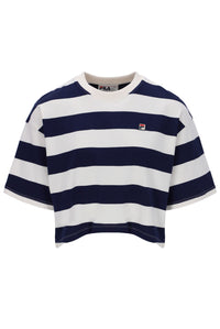 Navy and white striped t-shirt with Fila logo on a white background
