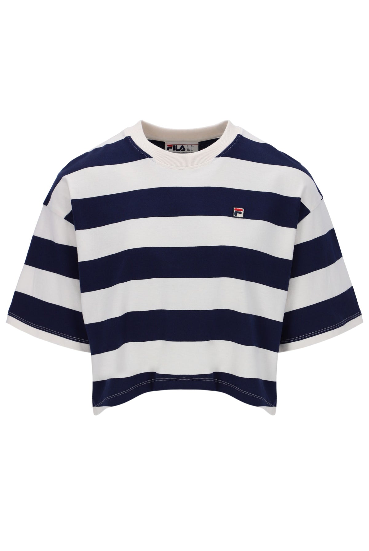 Navy and white striped t-shirt with Fila logo on a white background