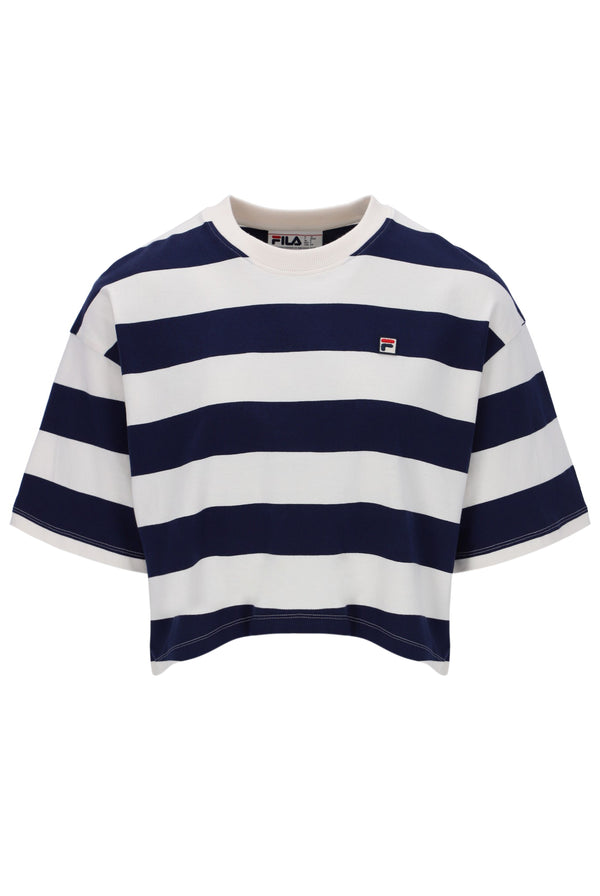 Navy and white striped t-shirt with Fila logo on a white background
