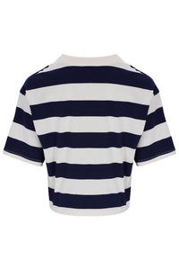 Navy and white striped t-shirt on a white background