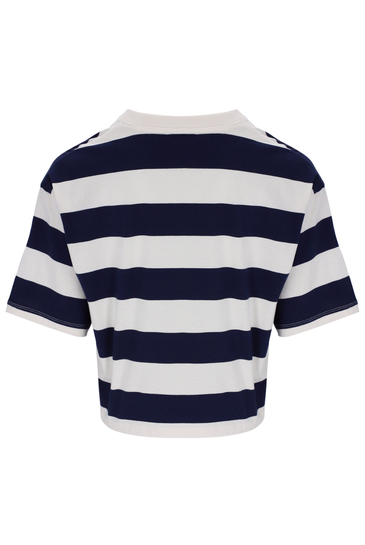 Navy and white striped t-shirt on a white background