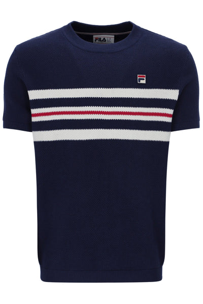 Navy blue t-shirt with white and red stripes and Fila logo on a white background