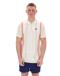 Displays a model wearing the Tapioca 'FILA' branded Giorgio Crochet Patchwork Knitted Polo