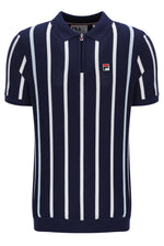 Navy and white striped polo shirt with Fila logo on a white background