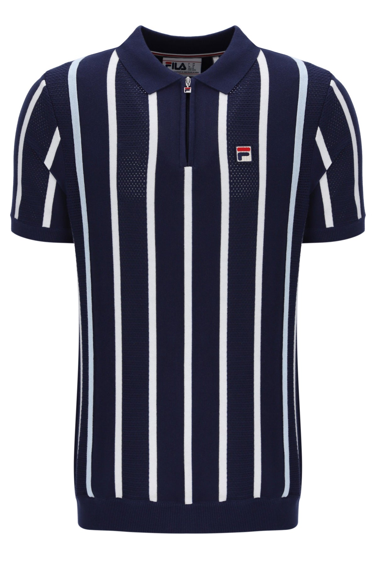 Navy and white striped polo shirt with Fila logo on a white background