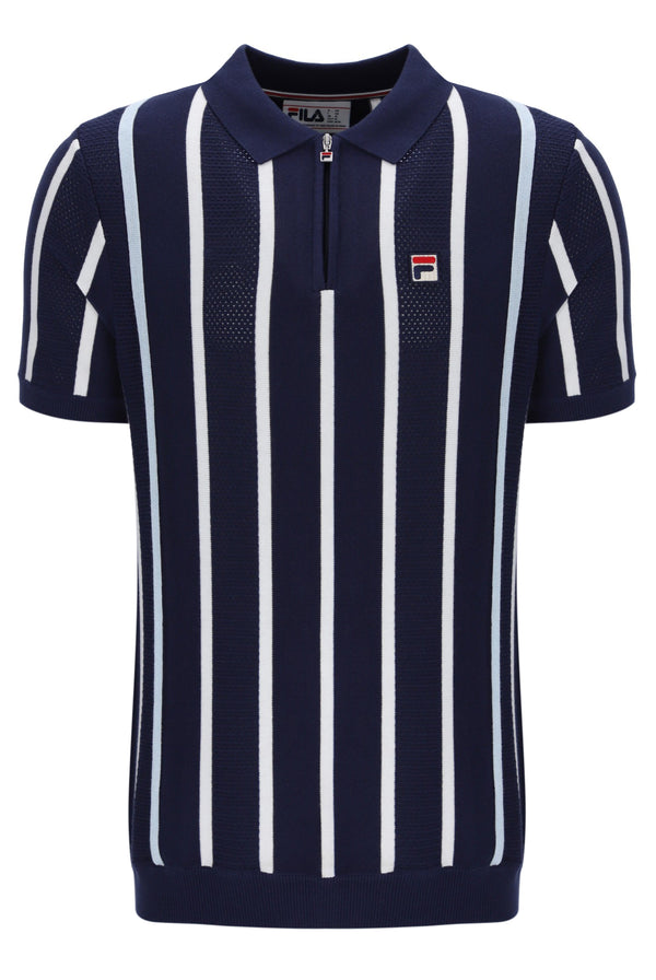 Navy and white striped polo shirt with Fila logo on a white background