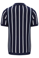 Navy and white striped polo shirt on a white background