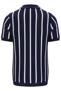 Navy and white striped polo shirt on a white background