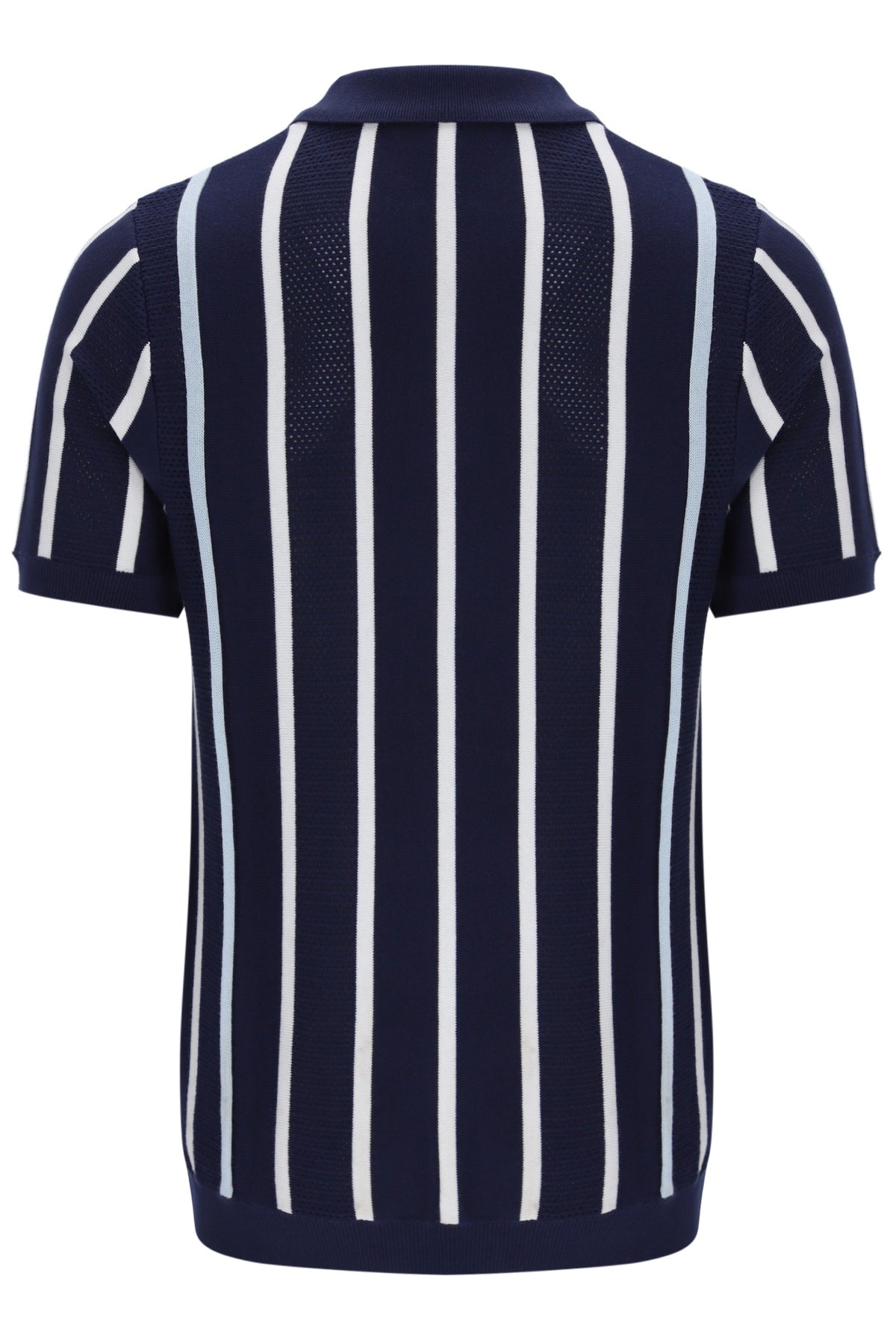 Navy and white striped polo shirt on a white background