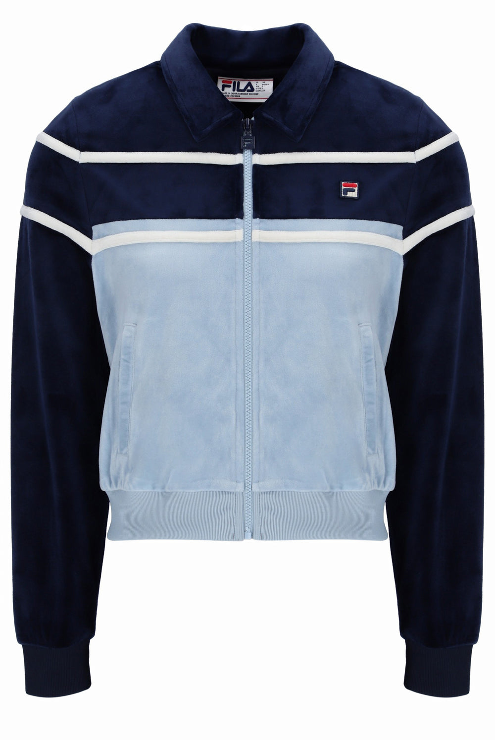 Navy and light blue jacket with white stripes and Fila logo on a white background