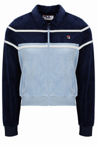Navy and light blue jacket with white stripes and Fila logo on a white background