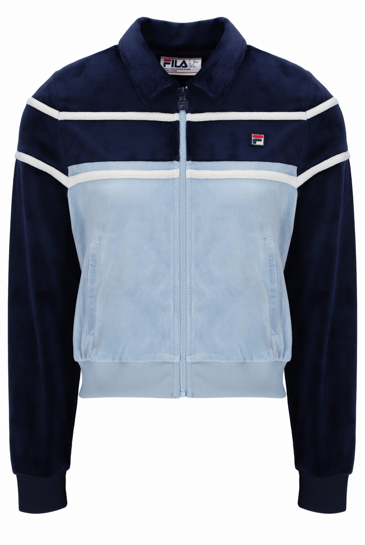 Navy and light blue jacket with white stripes and Fila logo on a white background