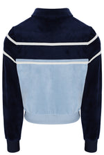 Navy blue jacket with light blue panel and white stripes on a white background