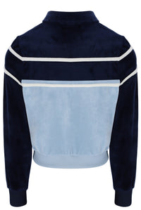 Navy blue jacket with light blue panel and white stripes on a white background