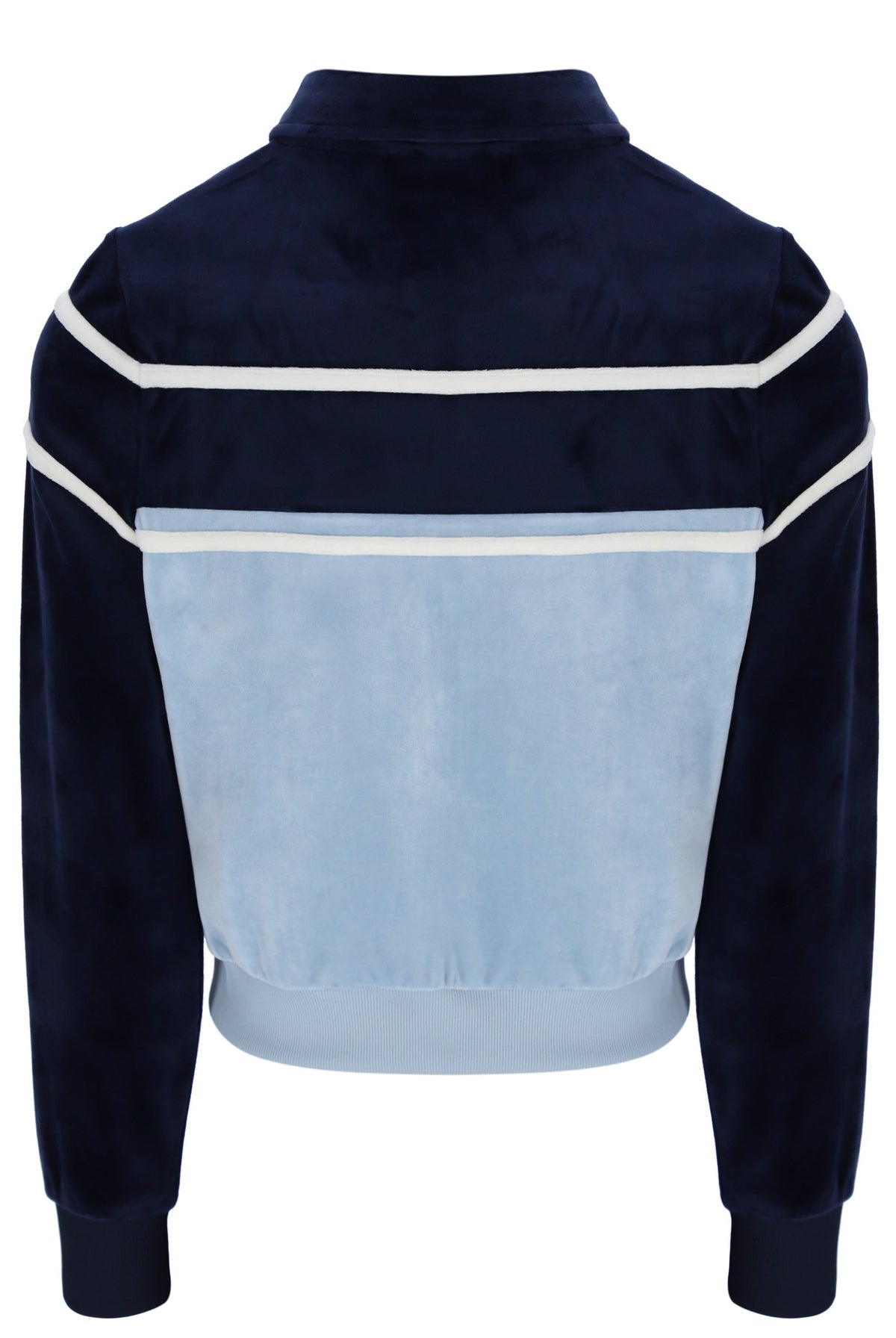 Navy blue jacket with light blue panel and white stripes on a white background