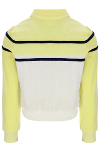Yellow and white jacket with black trim on a white background