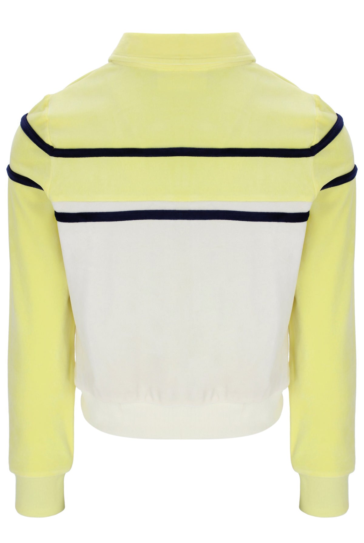 Yellow and white jacket with black trim on a white background