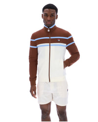 Displays a model wearing the Gardenia 'FILA' branded Giovanni Contrast Panels Track Top
