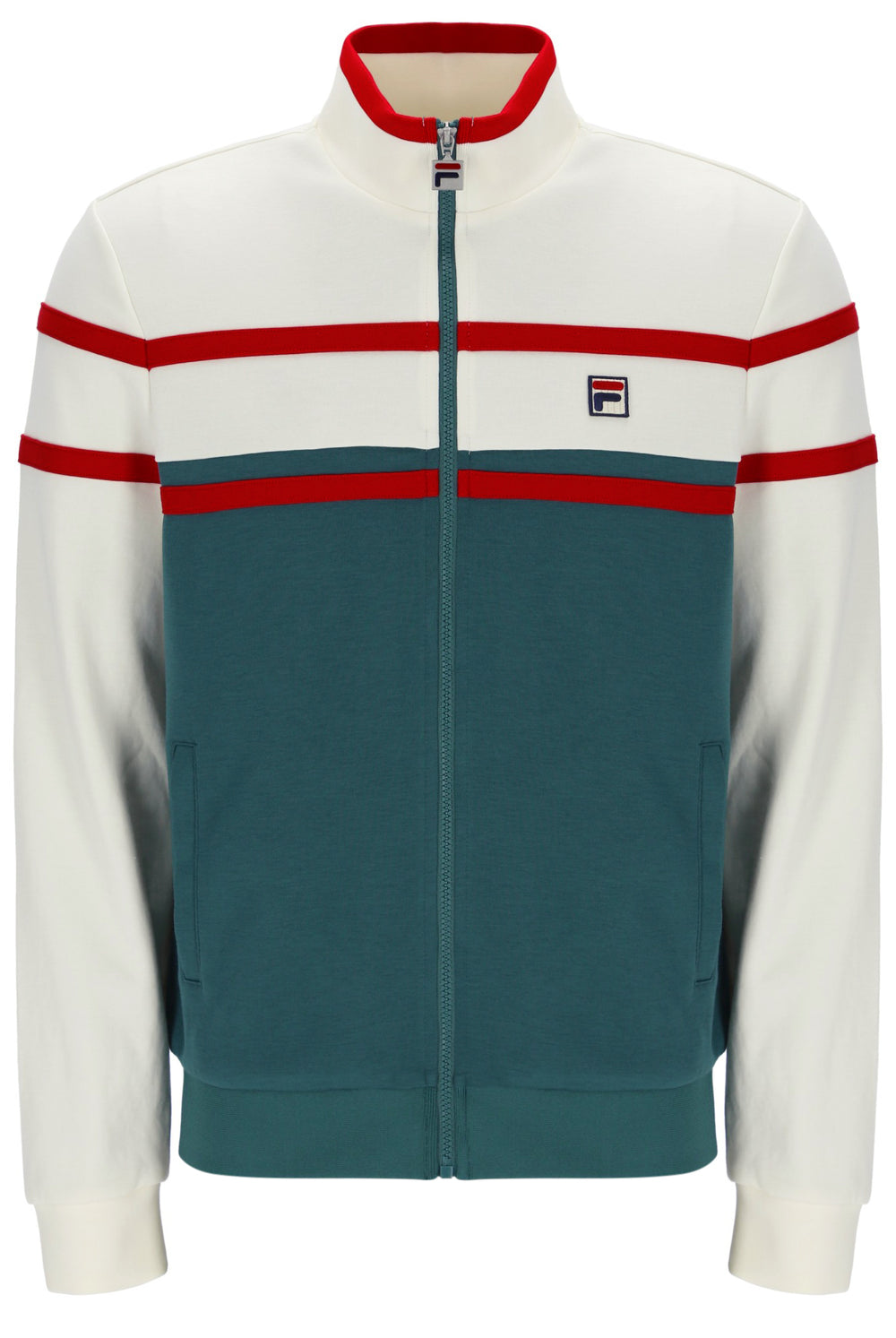 Colour-blocked jacket with red and green accents on a white background