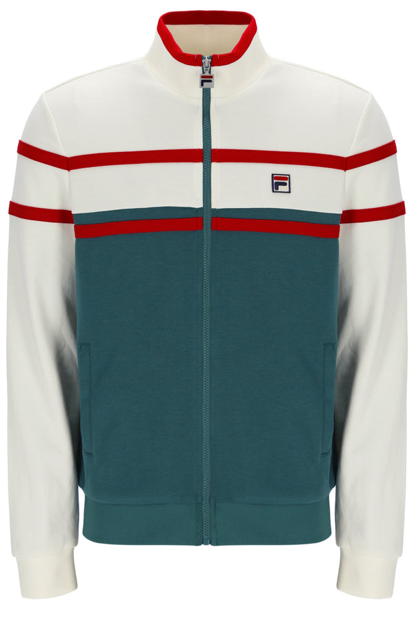 Colour-blocked jacket with red and green accents on a white background