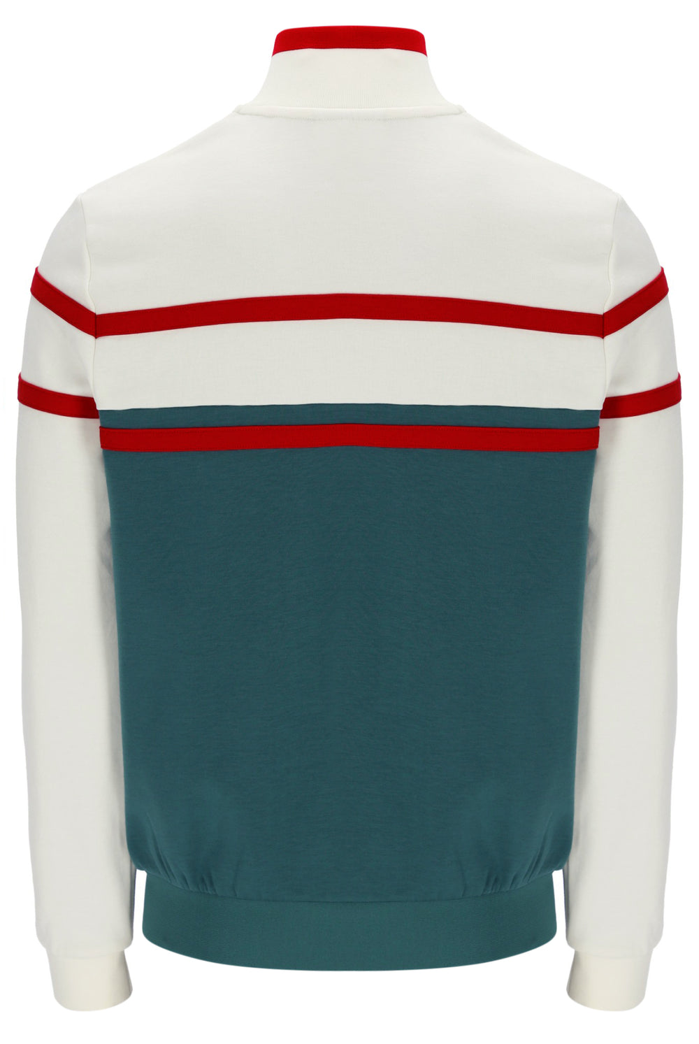 Back view of a jacket with white sleeves, red stripes, and a teal back panel on a white background.