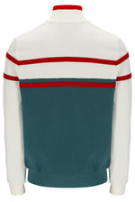 Back view of a jacket with white sleeves, red stripes, and a teal back panel on a white background.