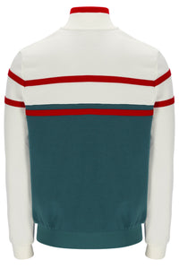 Back view of a jacket with white sleeves, red stripes, and a teal back panel on a white background.