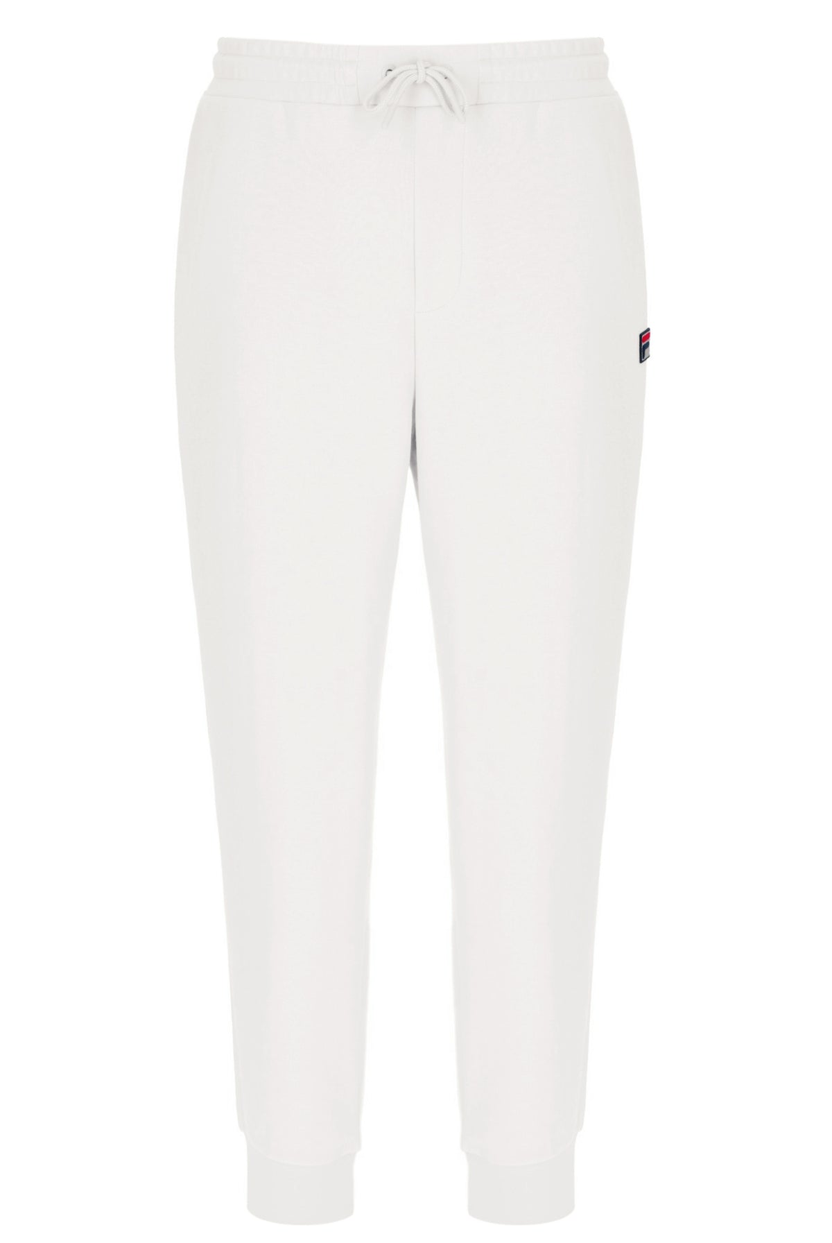 White jogger pants with a small FILA logo on a white background