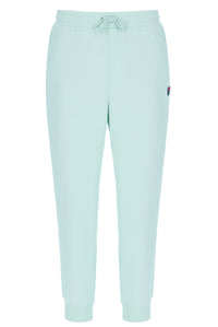 Light blue jogger pants with a brand logo on a white background