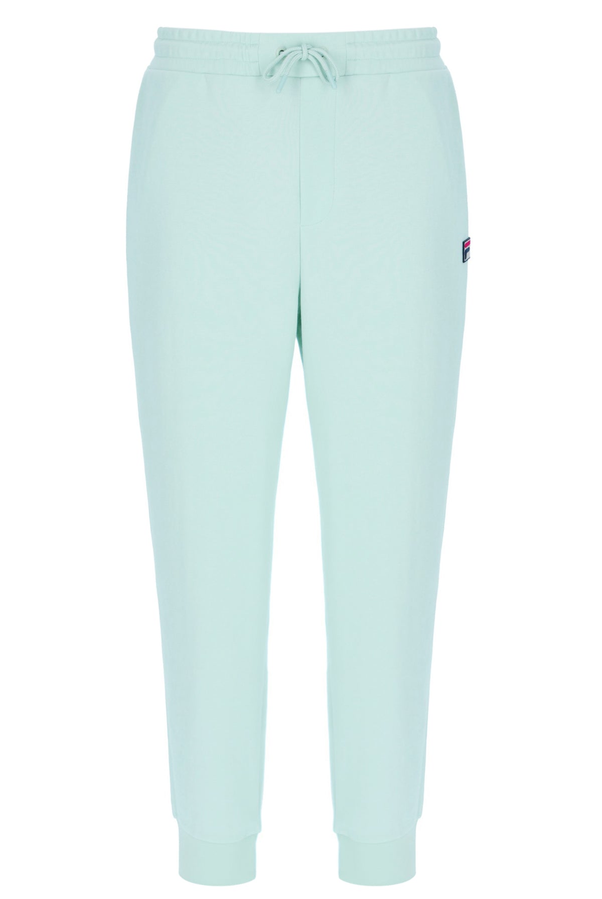 Light blue jogger pants with a brand logo on a white background