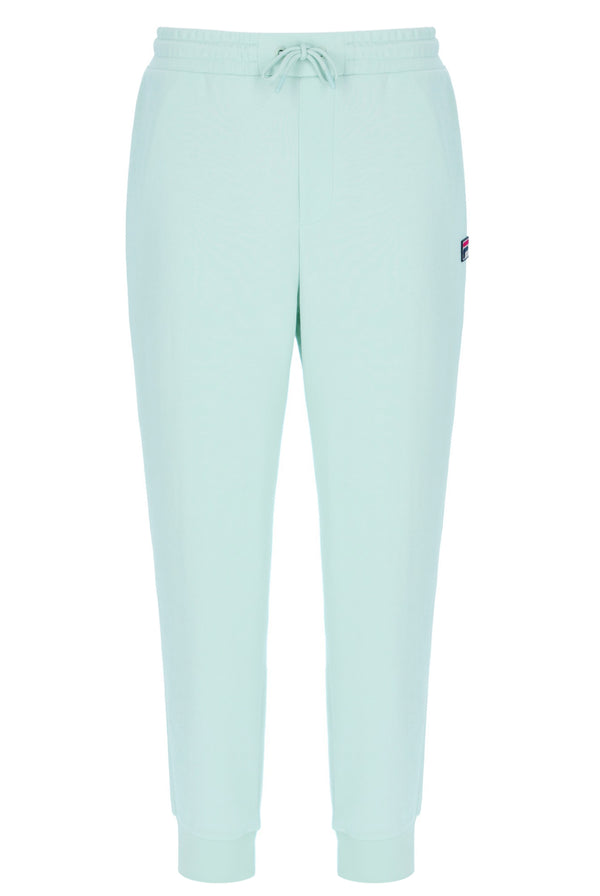Light blue jogger pants with a brand logo on a white background