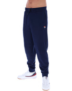 Navy blue sweatpants with a brand logo on a white background