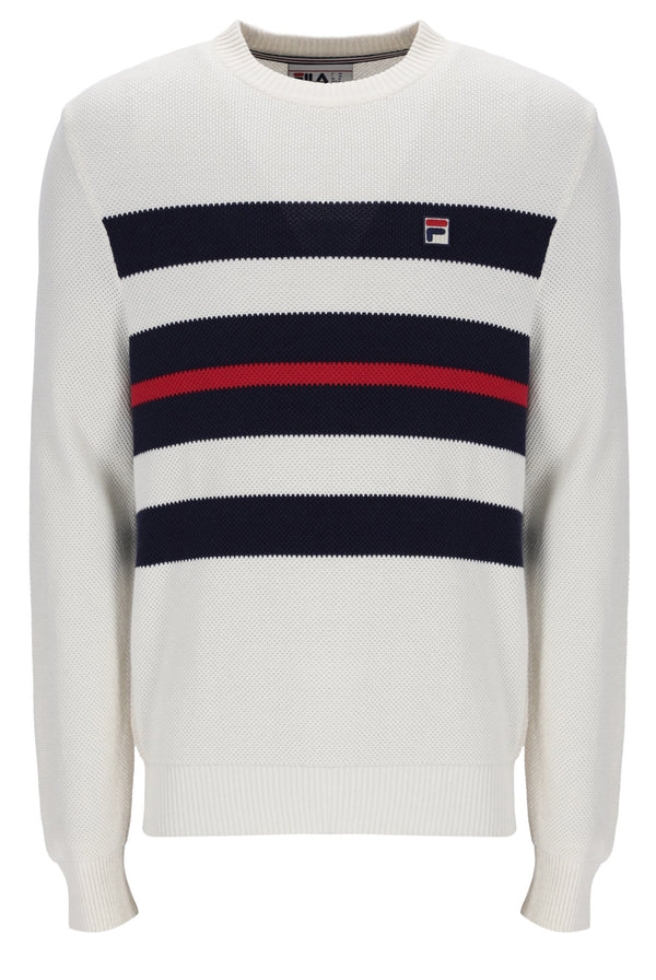 Displays the Gardenia 'FILA' branded Giuseppe Mesh Stripe Knitted Crew Neck