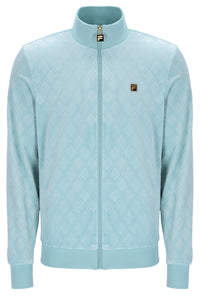 Light blue quilted jacket with brand logos on a white background