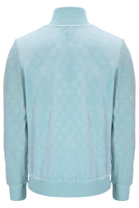 Light blue quilted jacket on a white background