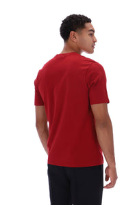 A man wearing a solid red short-sleeve crewneck t-shirt, shown from a three-quarters back view against a plain white background.