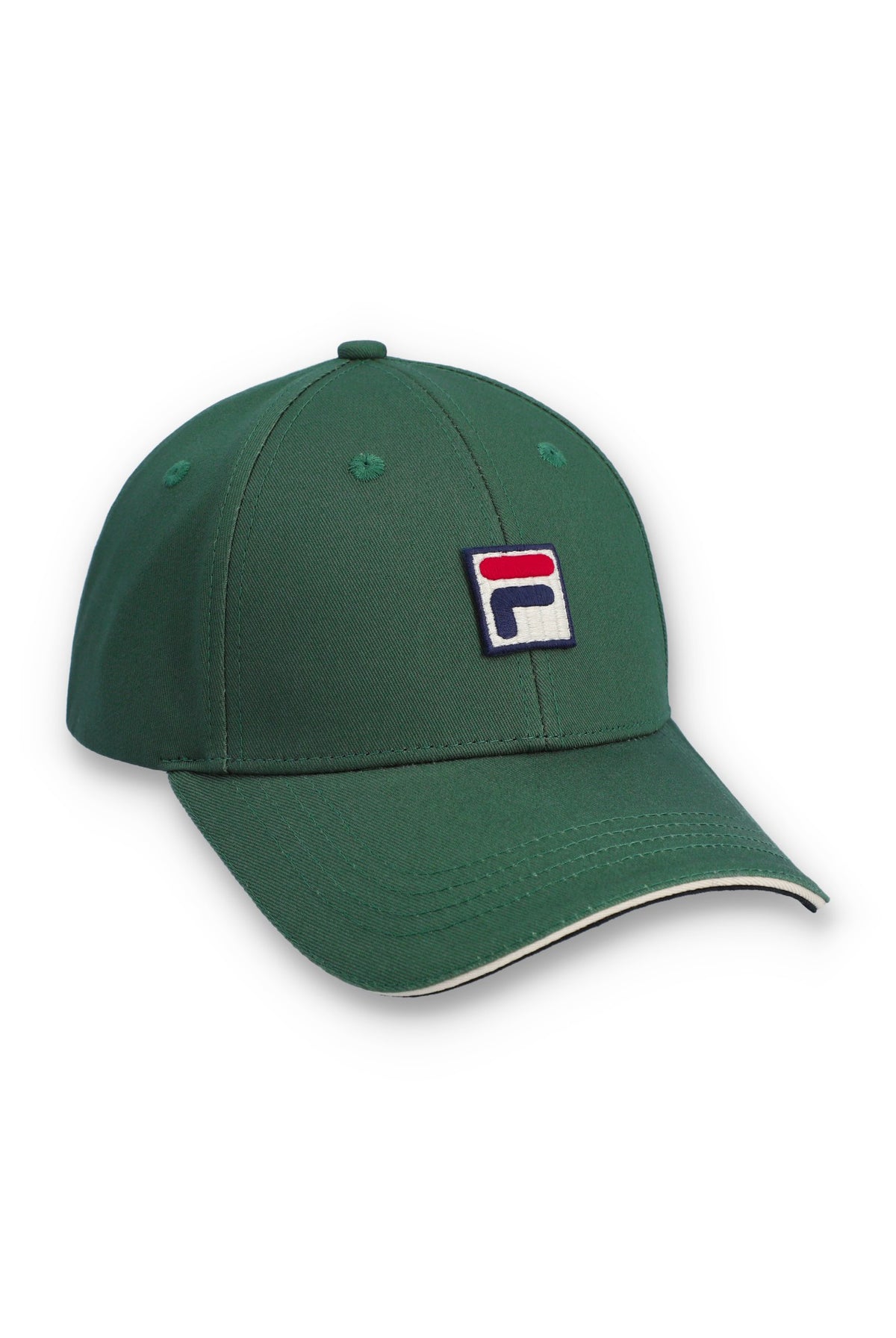 A dark green baseball cap featuring a small embroidered Fila logo patch on the front, set against a plain white background.