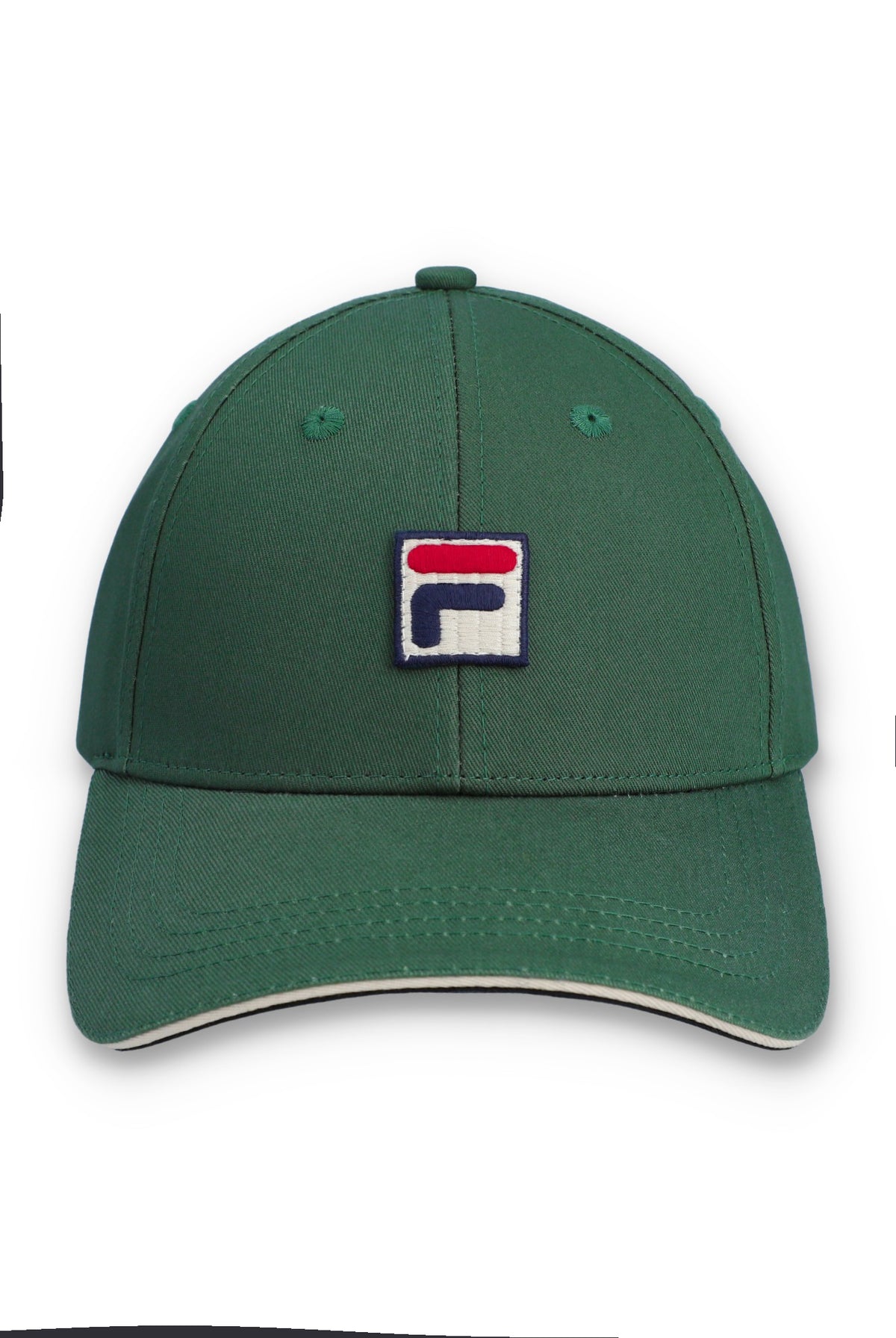 A green baseball cap featuring the Fila logo patch on the front, set against a plain white background.