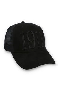 Displays the Black 'FILA' branded Hazza Large 1911 Embroidered Mesh-Back Cap