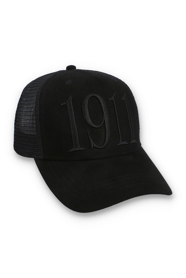 Displays the Black 'FILA' branded Hazza Large 1911 Embroidered Mesh-Back Cap