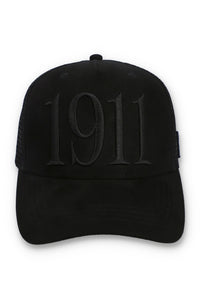 Displays the Black 'FILA' branded Hazza Large 1911 Embroidered Mesh-Back Cap