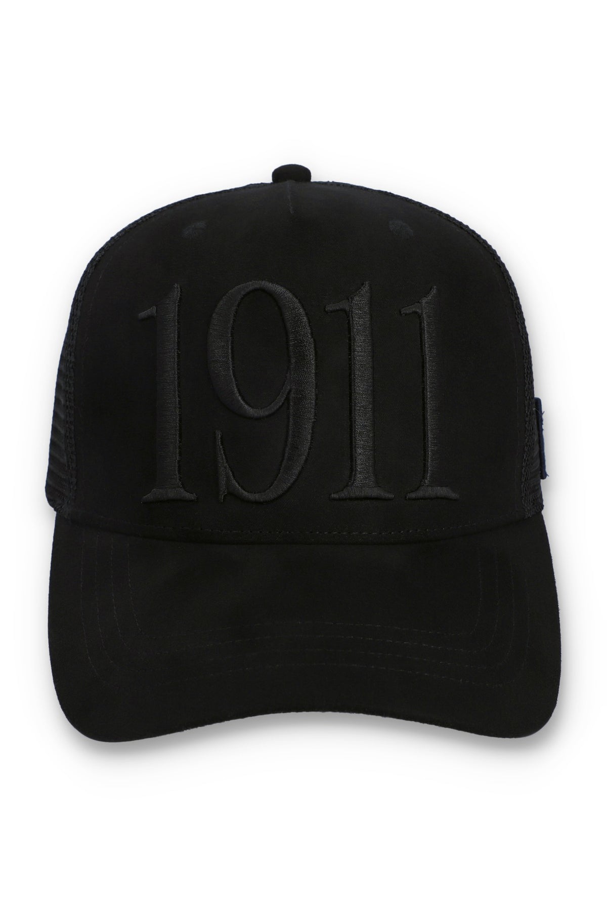 Displays the Black 'FILA' branded Hazza Large 1911 Embroidered Mesh-Back Cap