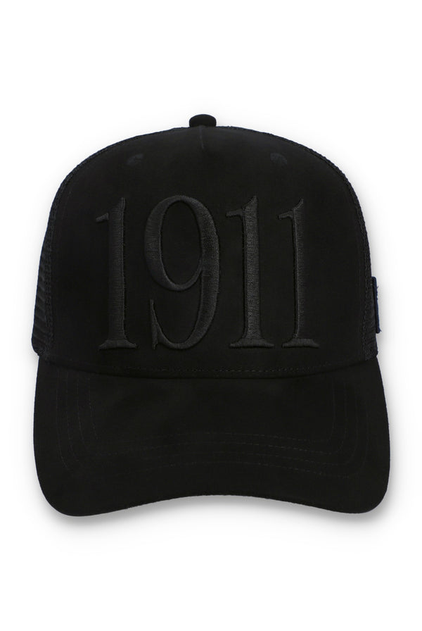 Displays the Black 'FILA' branded Hazza Large 1911 Embroidered Mesh-Back Cap