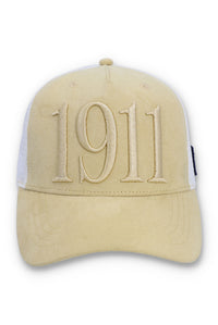 Displays the Classic Beige 'FILA' branded Hazza Large 1911 Embroidered Mesh-Back Cap